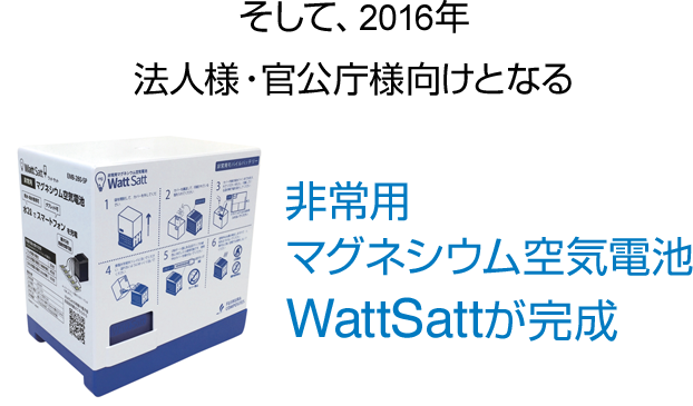 そして、2016年　法人様・官公庁様向けとなる 非常用マグネシウム空気電池WattSattが完成